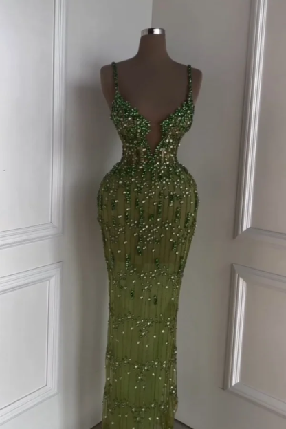 Spaghetti Strap Sleeveless Long Mermaid Prom Dress With Beading