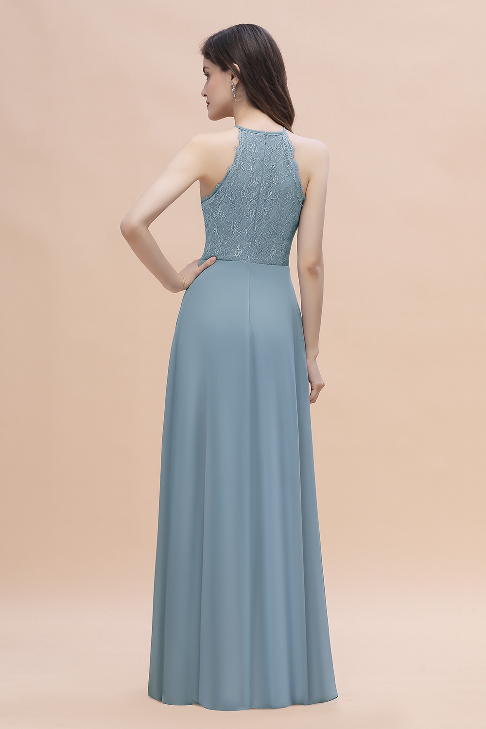 BMbridal Elegant Jewel Lace Appliques Dusty Blue Chiffon Bridesmaid Dress On Sale-BMbridal