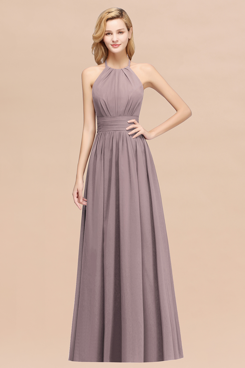 BMbridal Elegant High-Neck Halter Long Affordable Bridesmaid Dresses with Ruffles-BMbridal