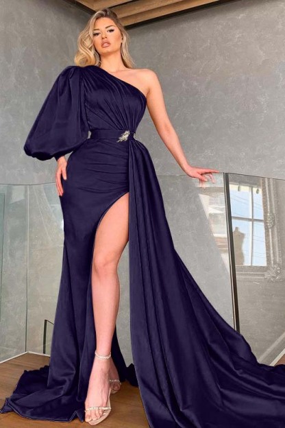 Chic Mermaid One Shoulder Long Sleeve High Split Prom Dress With Ruffles