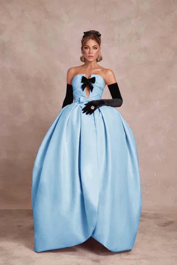 Strapless Sleeveless Long Ball Gown Prom Dress With Long Gloves