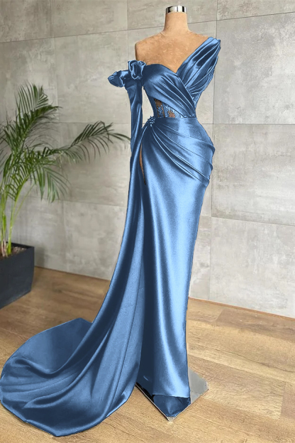 Black One Shoulder Long Sleeve Lace Pleated Long Prom Dress With Side Split