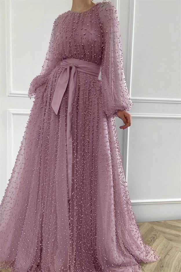 Long Sleeves Long Jewel Neck Prom Dress With Pleated Beading