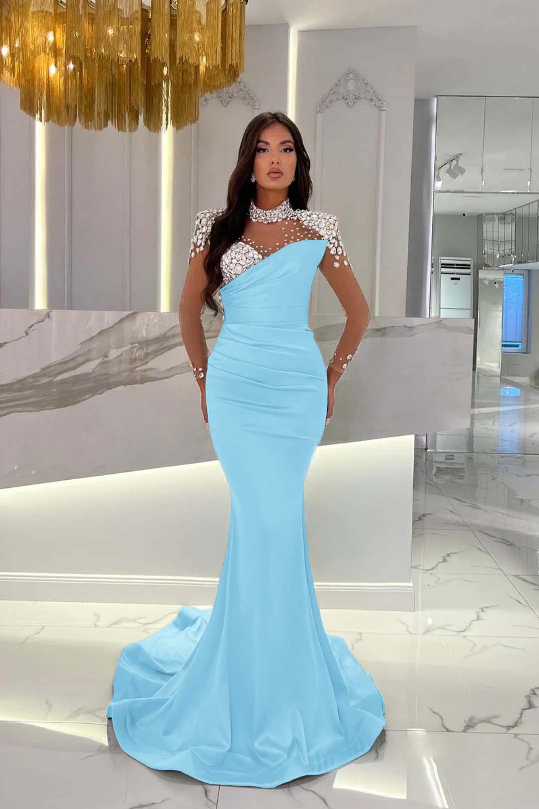 Dusty Blue Prom Dress Long Mermaid Tulle With Beading Ruffles