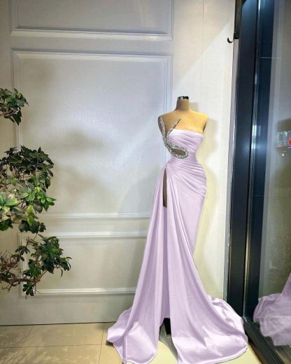 Strapless Sleeveless Long Mermaid Split Prom Dress With Beading