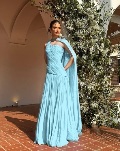 Chic One Shoulder Sleeveless Long Prom Dress With Pleated Shawl