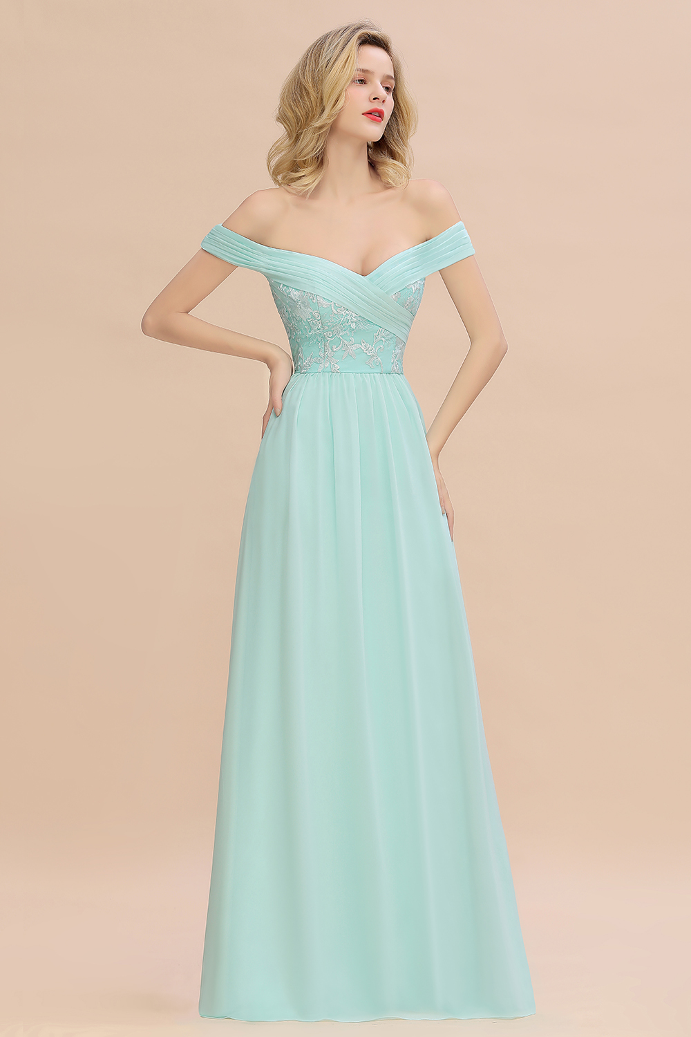 BMbridal Simple Off-the-shoulder Long Affordable Bridesmaid Dress With Appliques-BMbridal