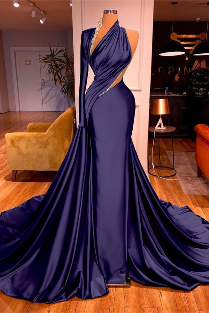 One Shoulder Long Beading Prom Dress Mermaid With Long Sleeve