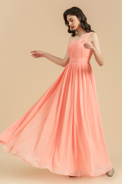Elegant A-line One Shoulder Coral Chiffon Long Bridesmaid Dress-BMbridal