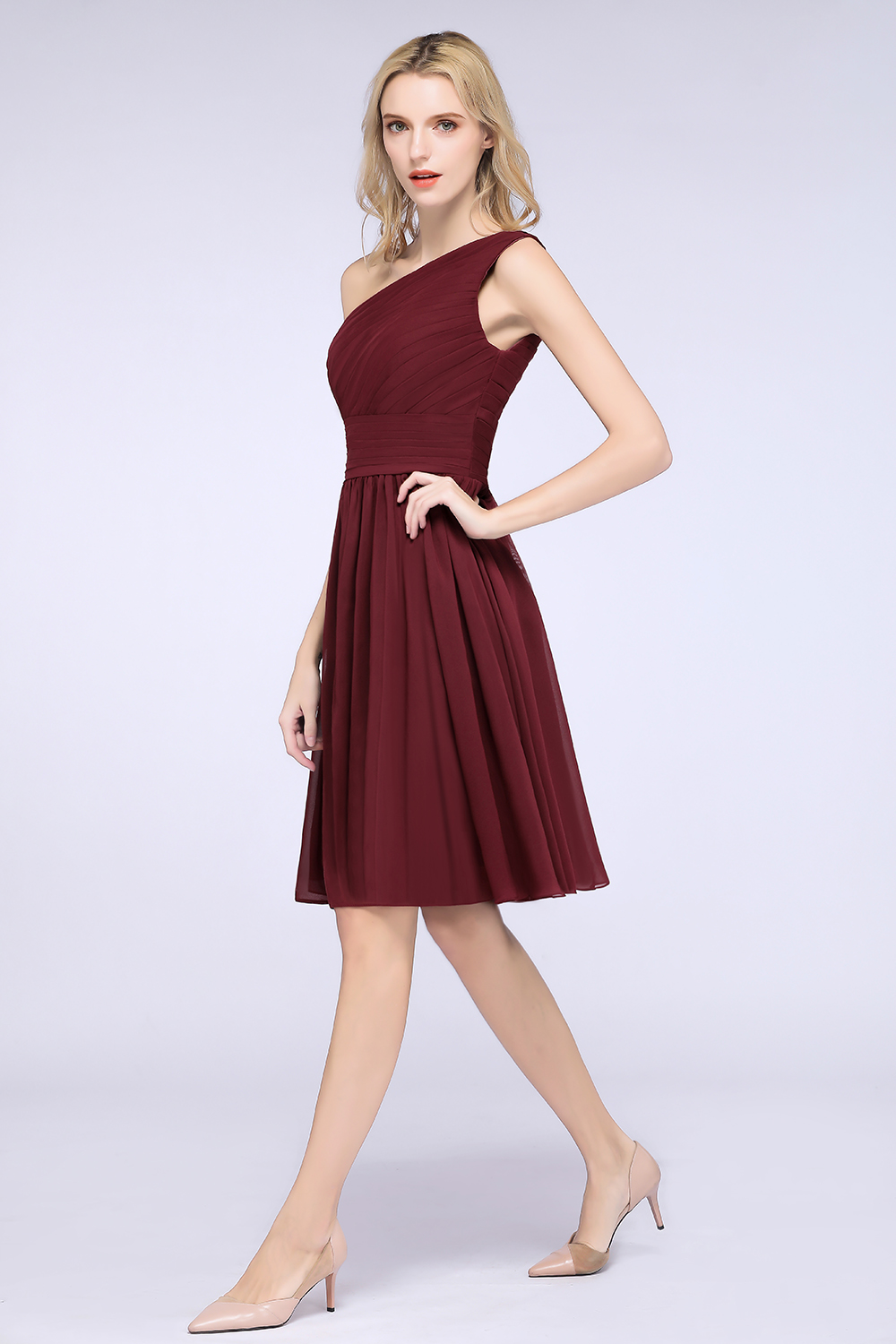 BMbridal Chiffon One Shoulder Ruffle Short Burgundy Bridesmaid Dresses Online-BMbridal