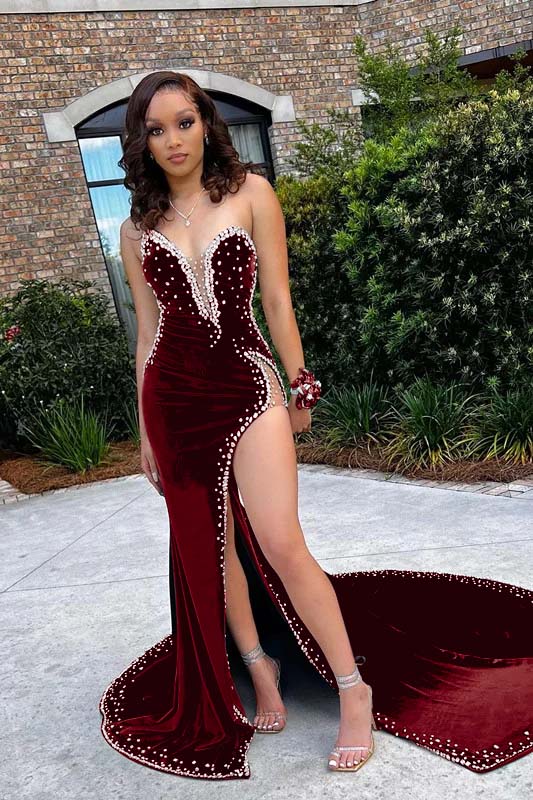 Chic Green V Neck Appliques Mermaid Prom Dress High Waist Beaded With Split