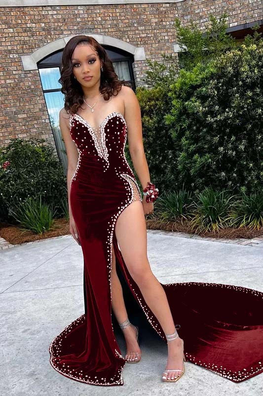 Chic Green V Neck Appliques Mermaid Prom Dress High Waist Beaded With Split