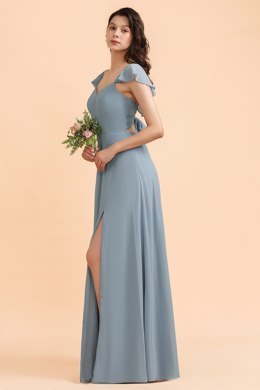 BMbridal Fashion Dusty Blue Chiffon Sweetheart Slit Bridesmaid Dress with Ruffles Online-BMbridal