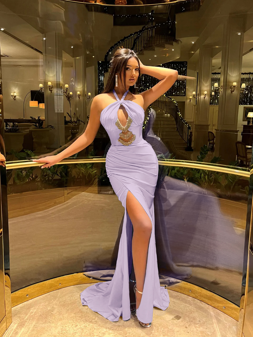 Halter Sleeveless High Split Long Prom Dress With Pleated Beading