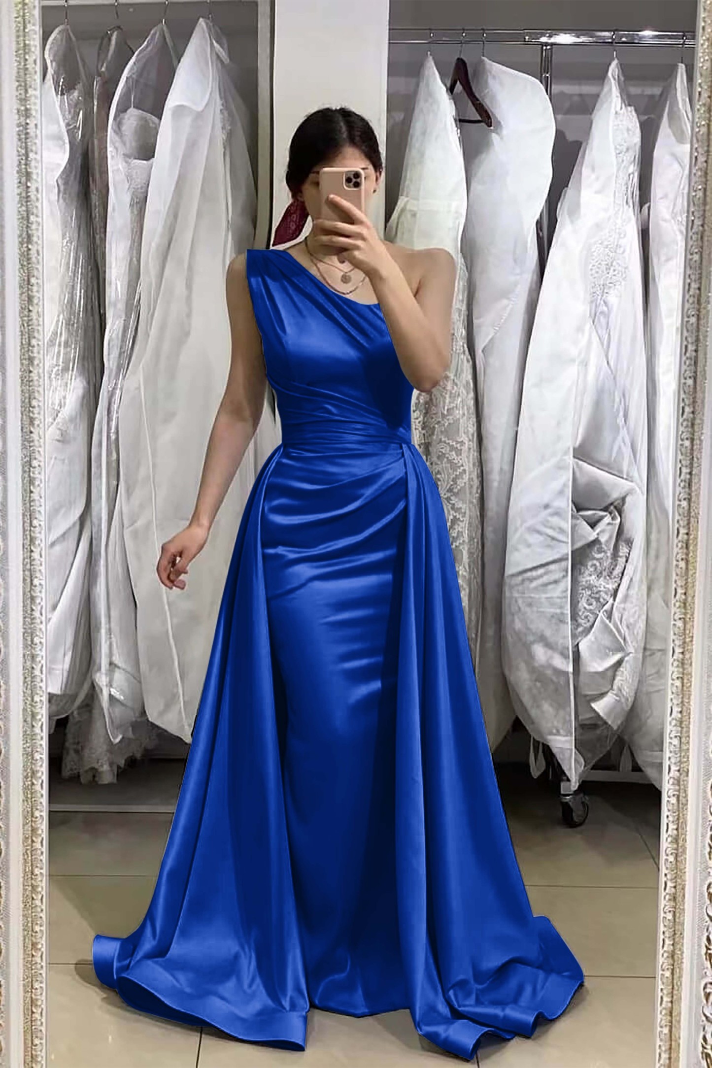 Light Blue Sleeveless Mermaid One Shoulder Long Prom Dress With Detachable Skirt