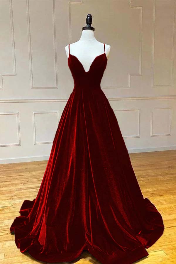 Spaghetti Strap V Neck Sleeveless Long Prom Dress With Pleated