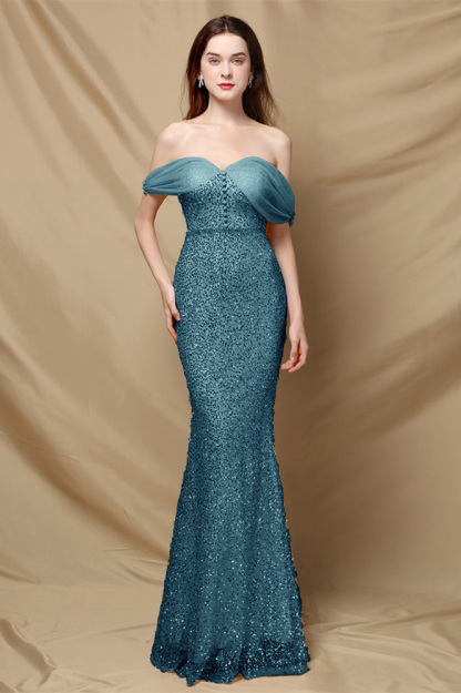 Elegant Off the Shoulder Mermaid Sequins Prom Dress With Sweetheart Buttons