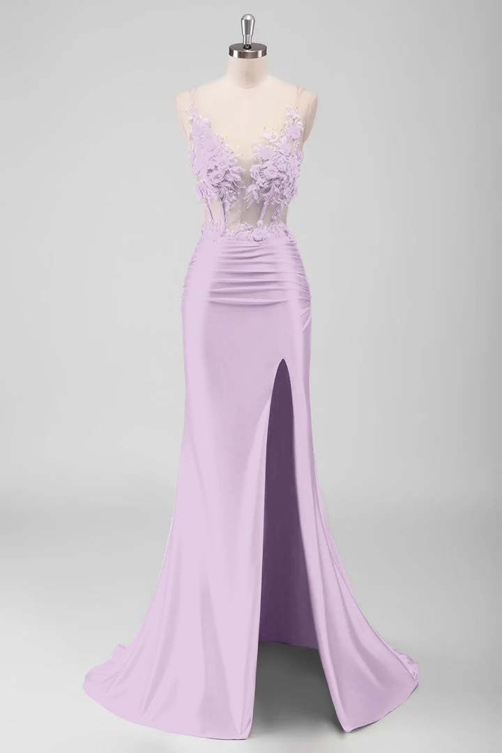 Sleeveless Spaghetti Strap Long Split Mermaid Prom Dress With Appliques