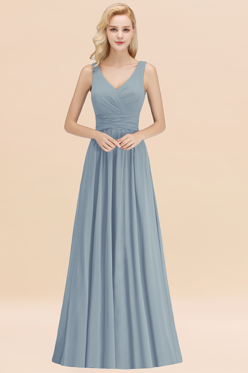 BMbridal Modest Sleeveless V-Neck Long Chiffon Bridesmaid Dress Online with Ruffle-BMbridal