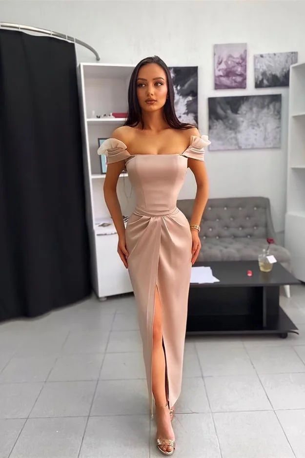Off the Shoulder Split Ankle Long Prom Dress With Chic Wrinkle
