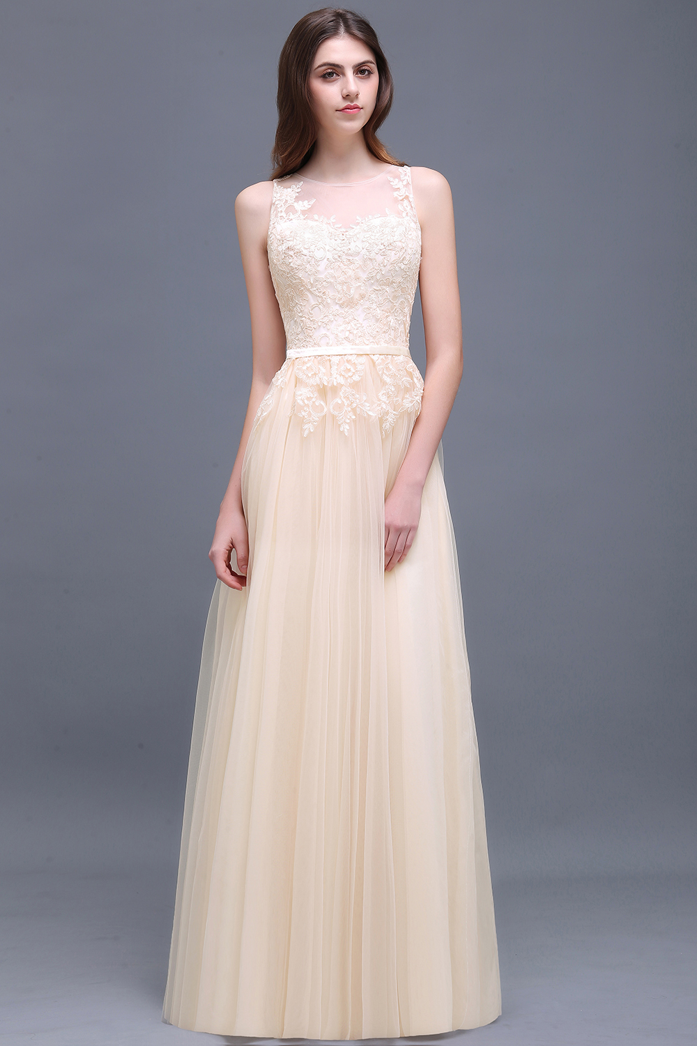 BMbridal Elegant Tulle Lace Champagne Long Bridesmaid Dress With Appliques-BMbridal