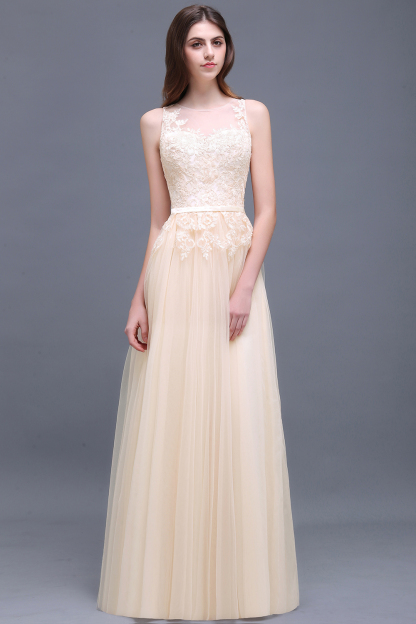 BMbridal Elegant Tulle Lace Champagne Long Bridesmaid Dress With Appliques-BMbridal
