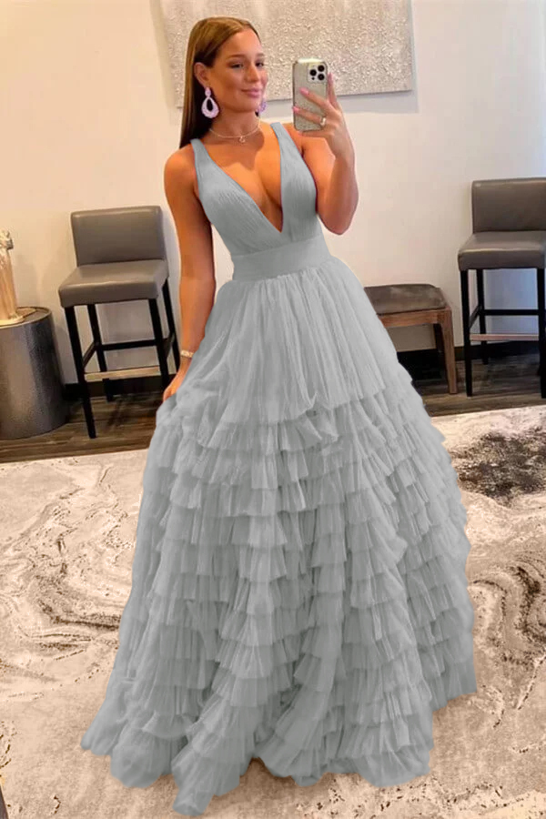 Elegant Deep V Neck Tulle layers Prom Dress With Sleeveless Online Lilac