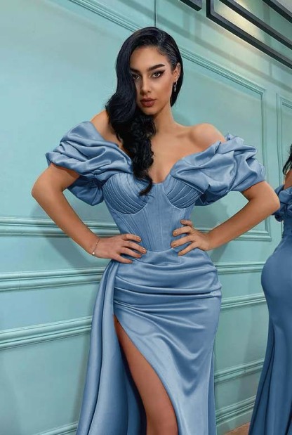 Pink Mermaid Off the Shoulder Sweetheart High Split Prom Dress With Pleated