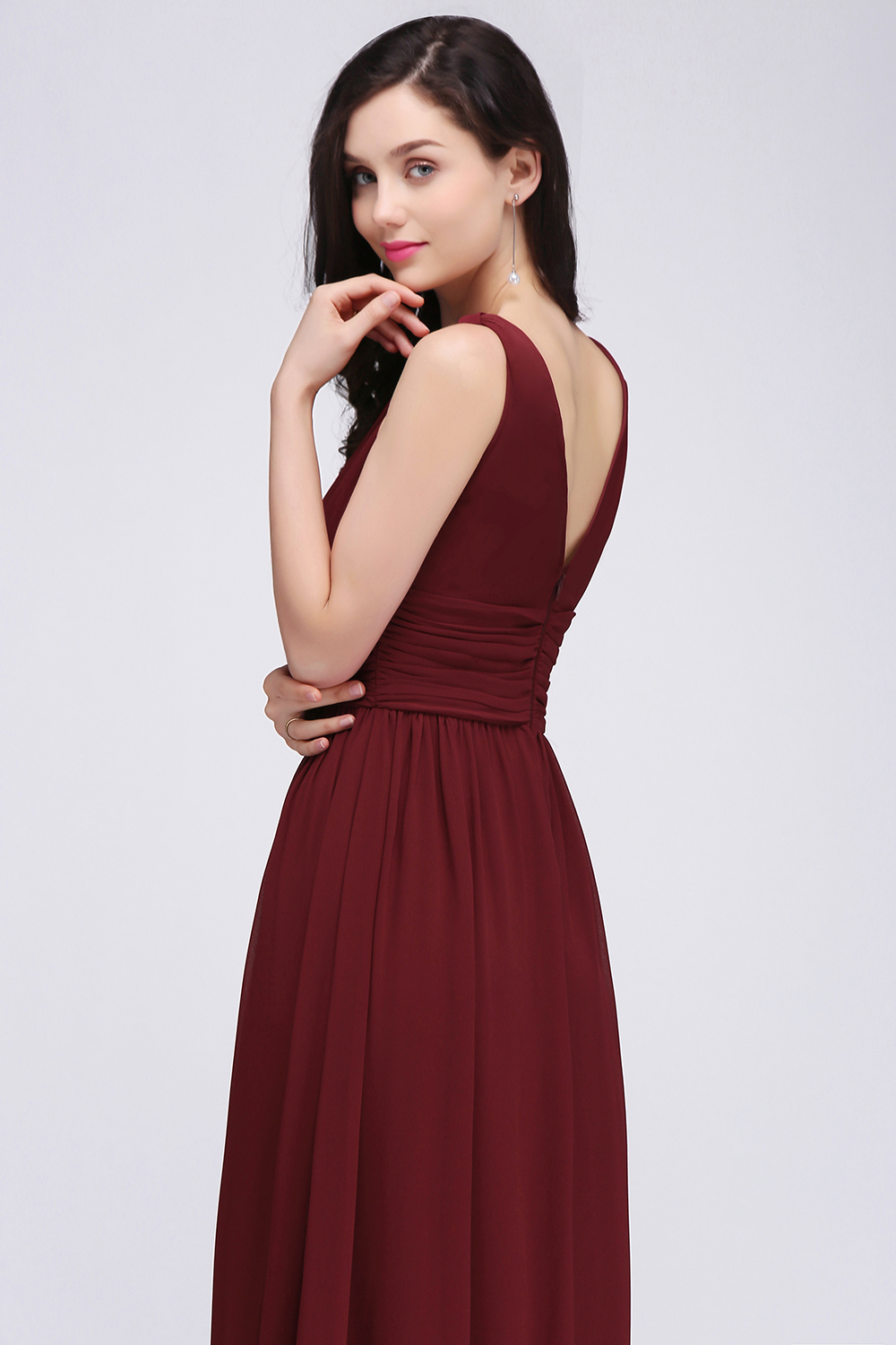 BMbridal Burgundy Long V-Neck Sleeveless Chiffon Bridesmaid Dress Online-BMbridal