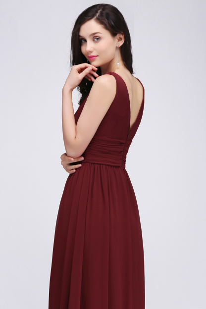 BMbridal Burgundy Long V-Neck Sleeveless Chiffon Bridesmaid Dress Online-BMbridal
