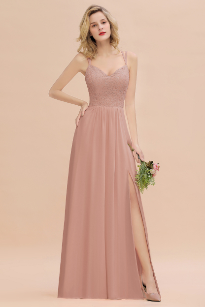 BMbridal Spaghetti-Straps Coral Lace Bridesmaid Dresses with Slit-BMbridal