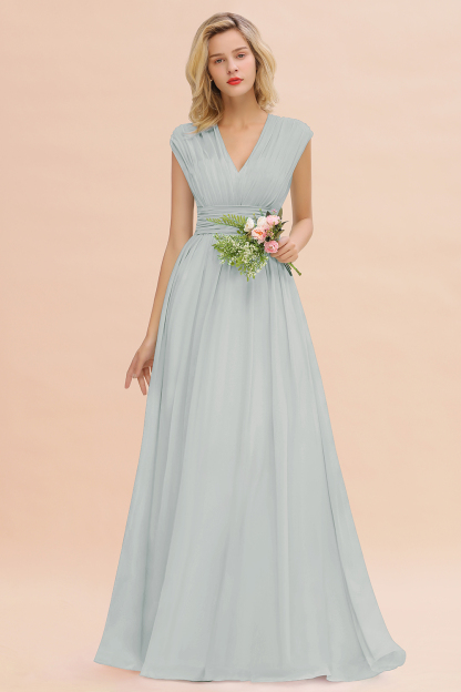BMbridal Elegant Chiffon V-Neck Ruffle Long Bridesmaid Dresses Affordable-BMbridal