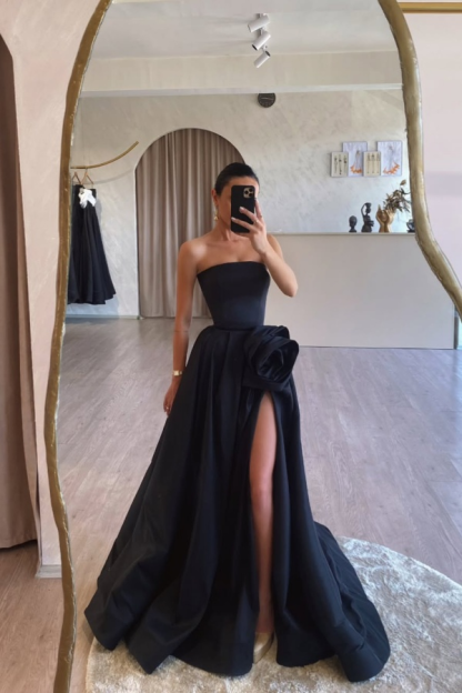 Strapless Sleeveless Long A Line Prom Dress With Split Pleated