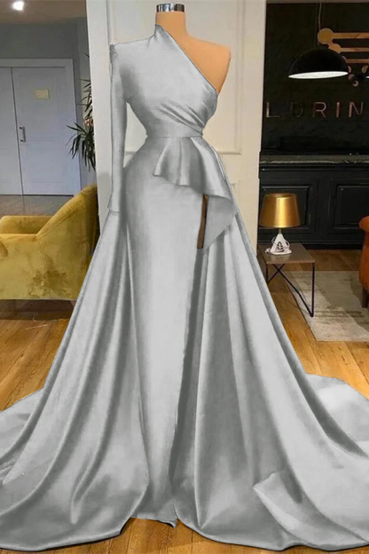 Mermaid Long Sleeve One Shoulder Dark Blue Long Prom Dress With High Split