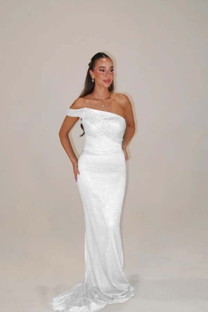 Sequins One Shoulder Sleeveless Long Mermaid Prom Dress With Pleated