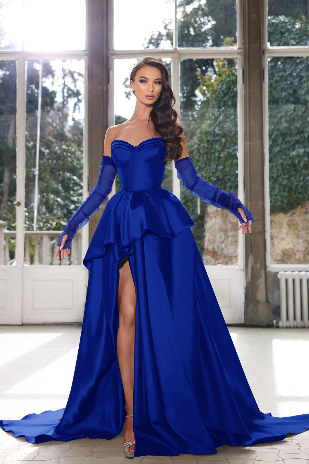 Glamorous Half Sleeves Ink Blue Prom Dress Strapless With High Split Gown