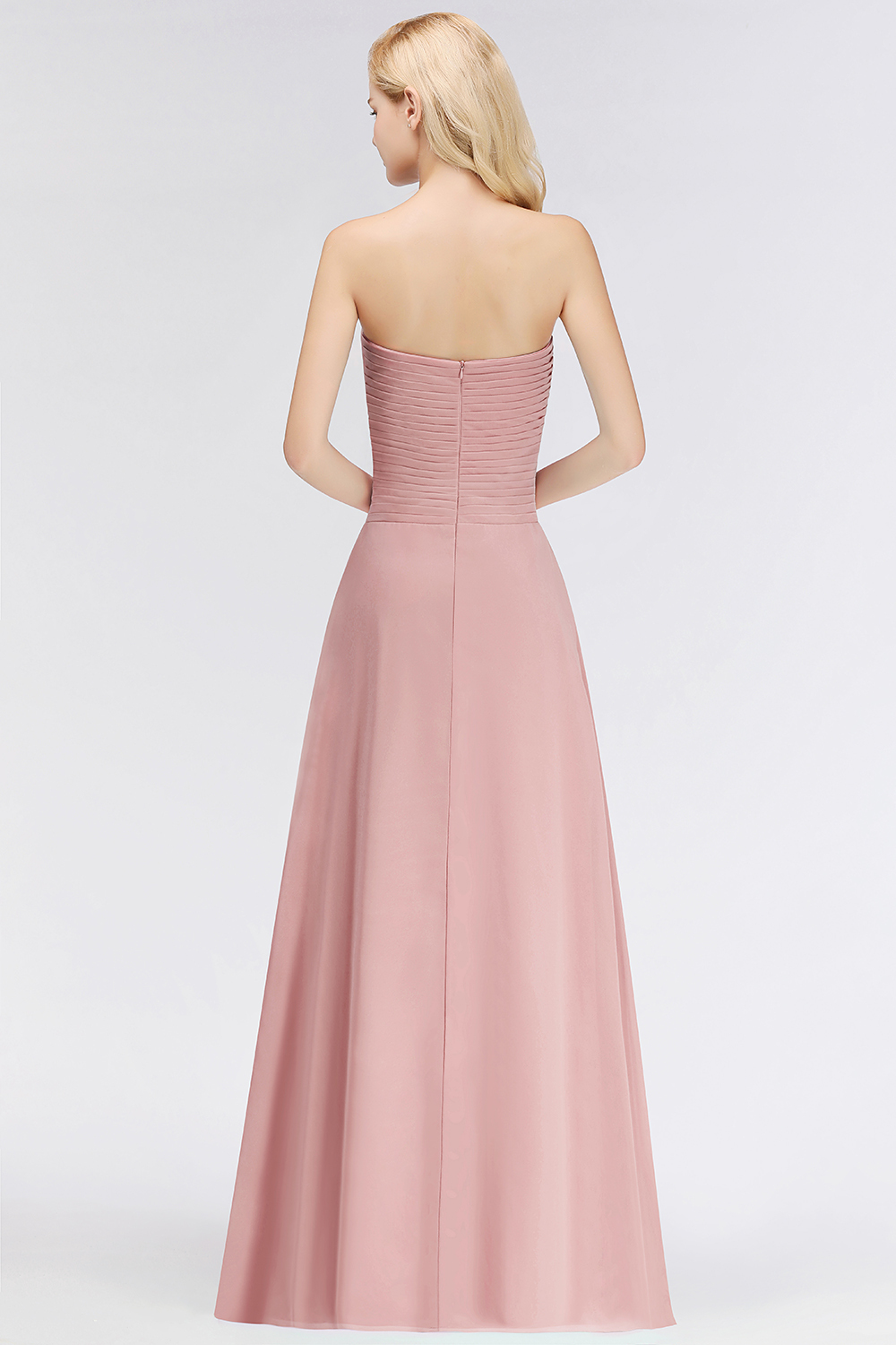 BMbridal Gorgeous Sweetheart Ruched Long Bridesmaid Dress Dusty Rose Chiffon Strapless Maid of Honor Dress-BMbridal