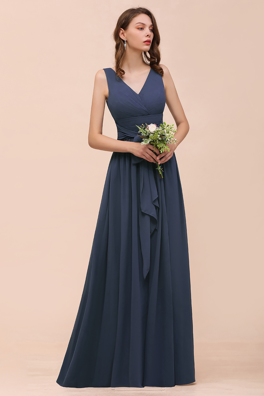 BMbridal Affordable V-Neck Chiffon Long Stormy Bridesmaid Dress With Slit-BMbridal