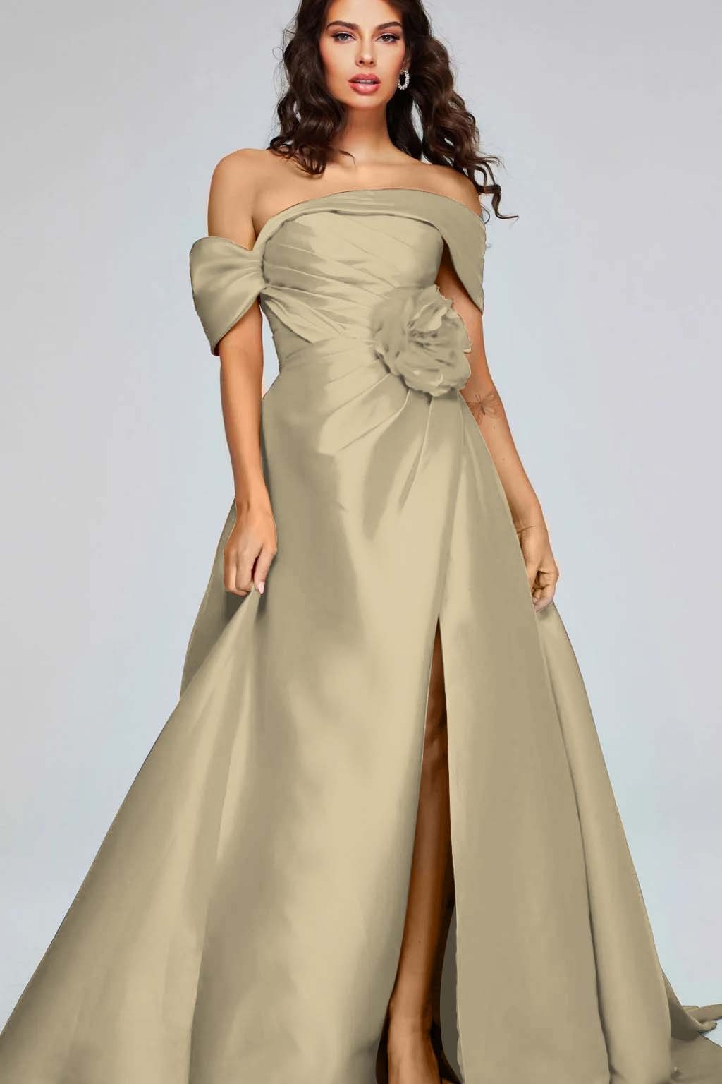 Off the Shoulder Sleeveless Long Split Prom Dress With Pleated