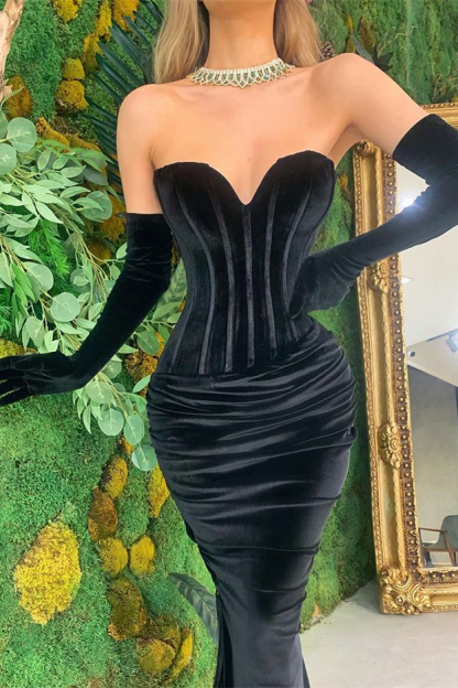 Black Velvet Sweetheart Strapless Long Mermaid Prom Dress With Long Gloves