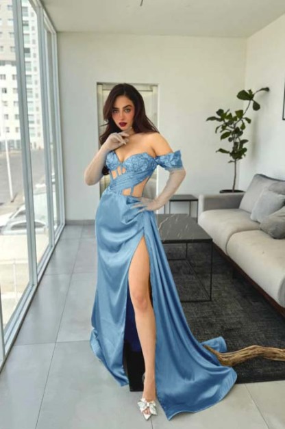 Off the Shoulder Sleeveless Long Mermaid Prom Dress With Gloves