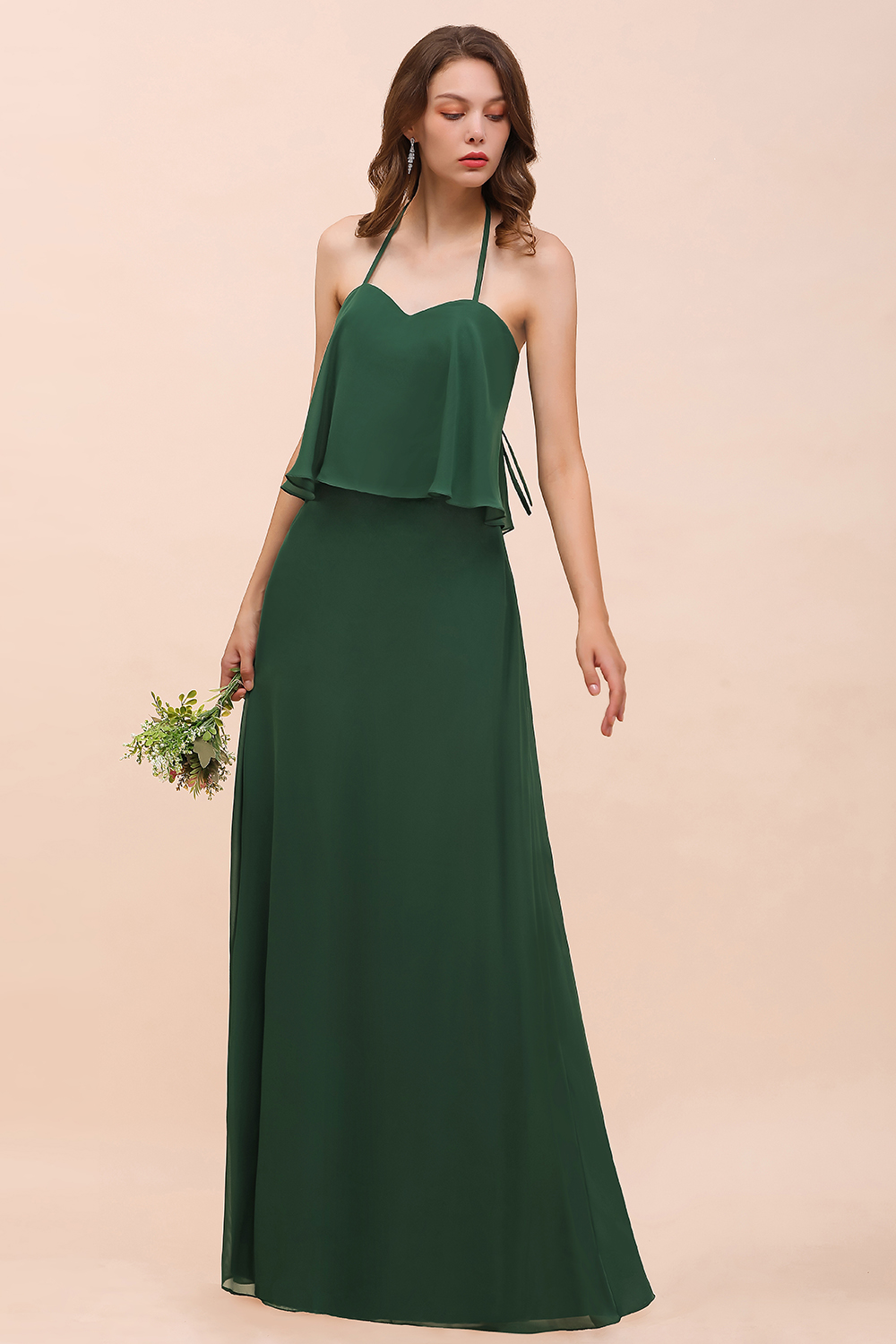 BMbridal Chic Halter Sweetheart Dark Green Chiffon Bridesmaid Dress-BMbridal