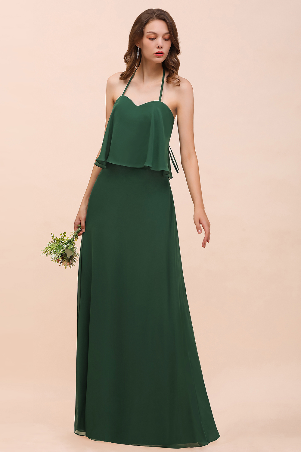 BMbridal Chic Halter Sweetheart Dark Green Chiffon Bridesmaid Dress-BMbridal