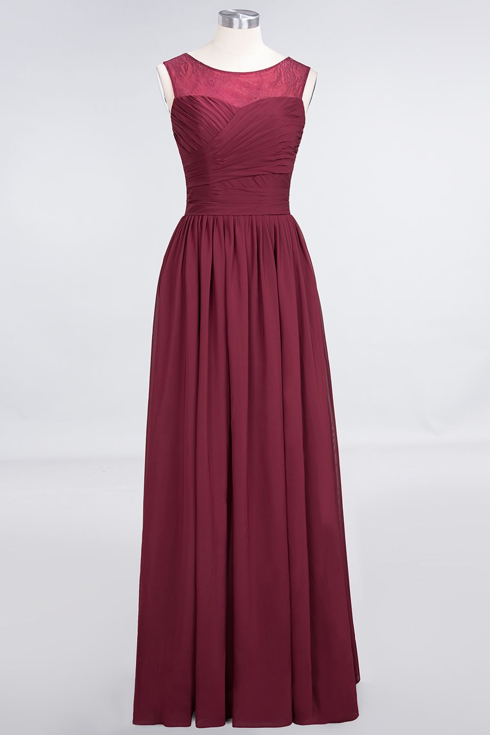 BMbridal Modest Chiffon Lace Scoop Ruffle Burgundy Bridesmaid Dresses Affordable-BMbridal