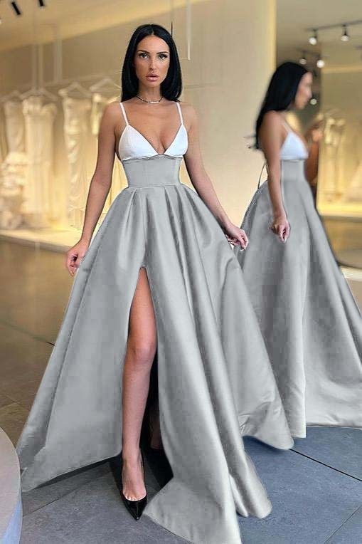 Black and White Spaghetti Strap V Neck Long Prom Dress With Front Split