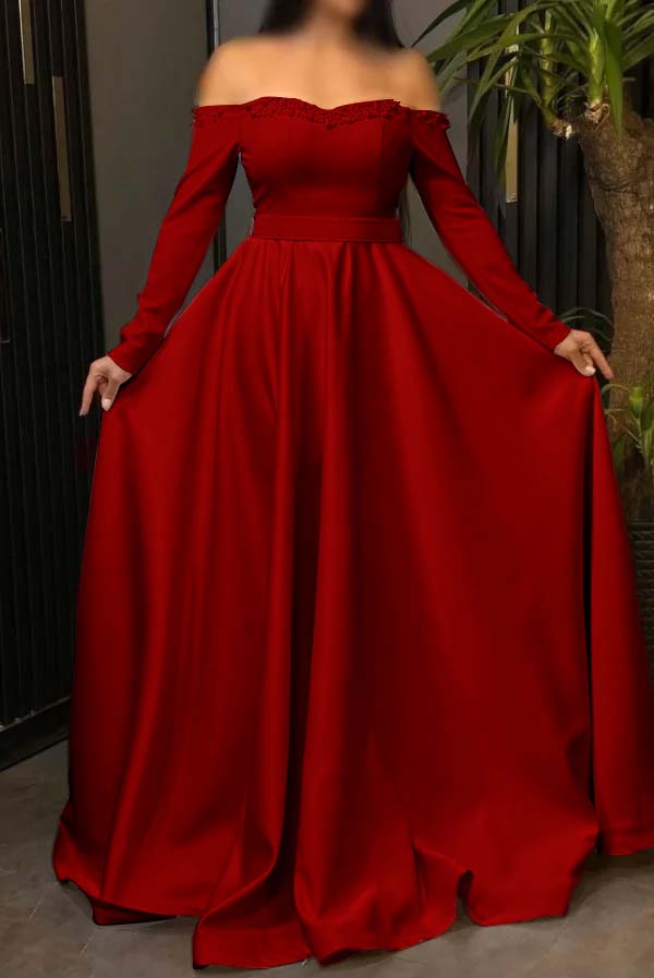 Off the Shoulder Long Sleeves Long Prom Dress With Pleated Beading