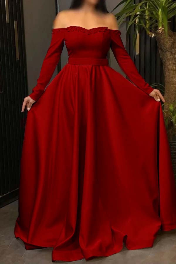 Off the Shoulder Long Sleeves Long Prom Dress With Pleated Beading