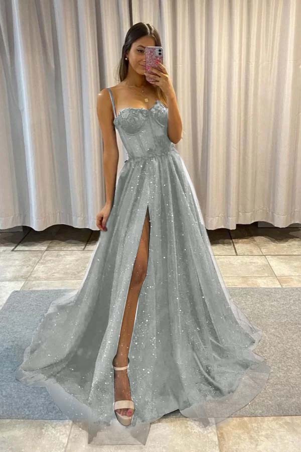 Spaghetti Strap Sleeveless Long Split Prom Dress With Sequins