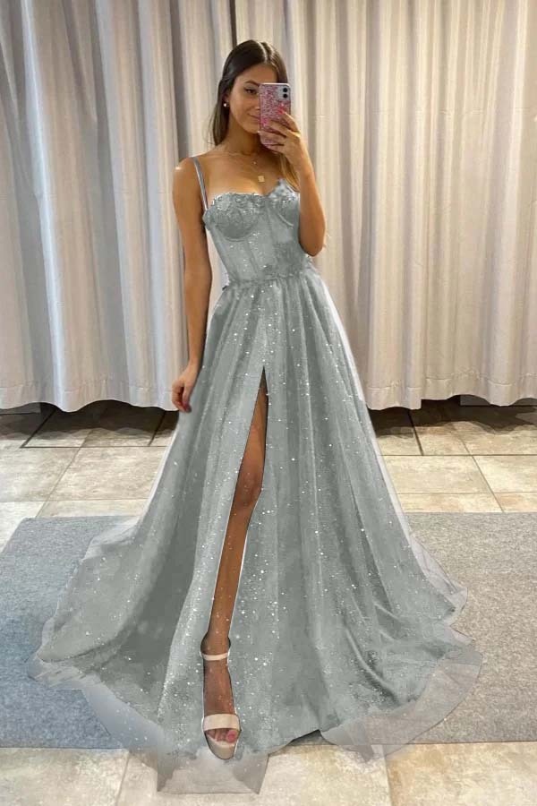 Spaghetti Strap Sleeveless Long Split Prom Dress With Sequins