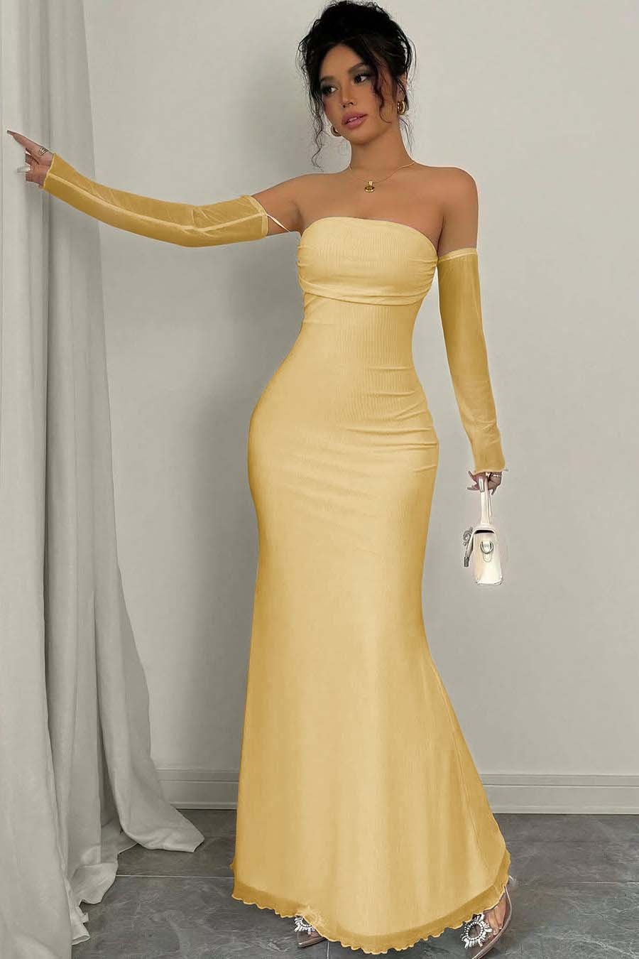 Strapless Long Mermaid Prom Dress With Detachable Sleeves Pleated